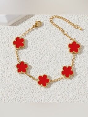 Gold Chain Bracelet with Red Clover Motifs - Women Jewelry
